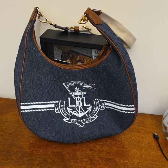 Lauren Ralph Lauren Handbags - Ralph Lauren Double L Denim and Brown Hobo Bag